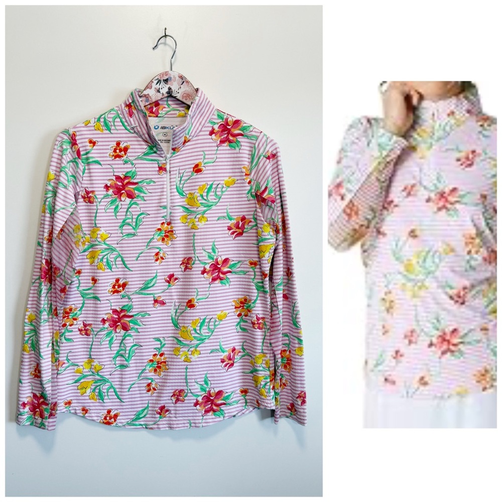 IBKUL Joanna UPF 50+ Shirt Floral Striped Long Sleeve 1/2 Zip Pink Top Medium M